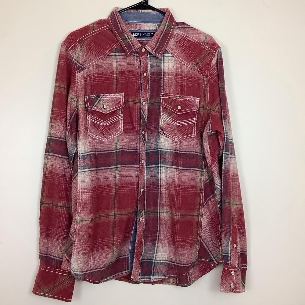 BKE Buckle Athletic Fit Flannel Shirt Men’s L Plaid Pearl Snap Red Brown